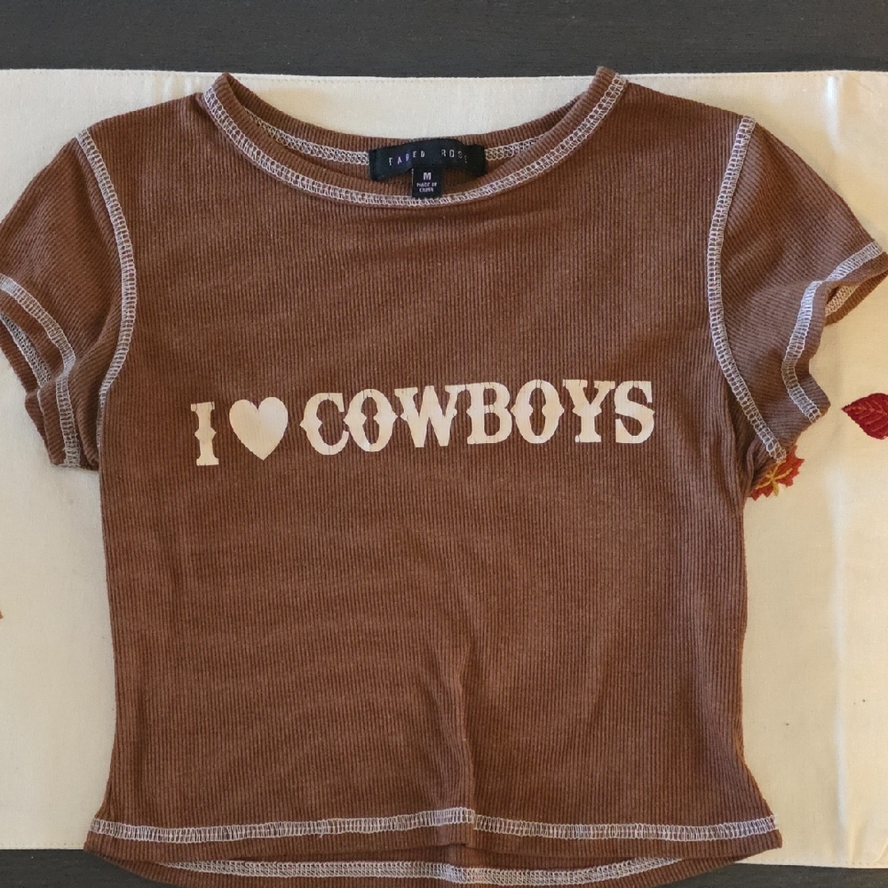 Aerie Brown Crop Top with 'I Love Cowboys' Design